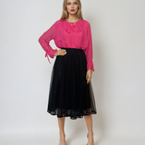 Fustă midi din tulle cu fundițe și aspect satinat negru
