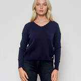 Pulover cu șiret la decolteu în V bleumarin