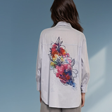 Cămașă damă asimetrică lungă în spate cu print floare bleu