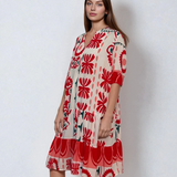 Rochie vaporoasă cu print floral și mânecă clopot rosu