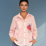 Cămașă damă asimetrică lungă în spate cu print floare roz