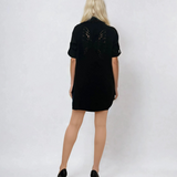 Cămașă din in cu guler tunică și broderie fluture negru