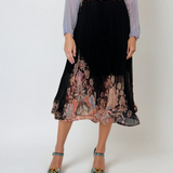 Fustă lungă plisată cu print floral și crinolină fluidă negru