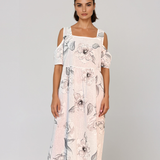 Rochie din in cu umeri goi și print alb