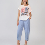 Tricou din in și bumbac cu print alb-albastru