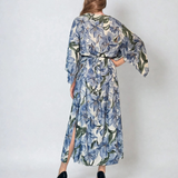 Rochie vascoza cu maneca larga si print floral-albastru jeans