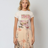 Tricou alb mulat din bumbac cu print briose roz