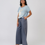 Tricou din in și bumbac cu șiret bleu