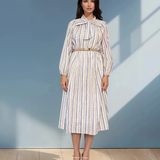 Rochie cu print dungi și flori și curea albastru