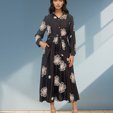 Rochie lungă brodată cu flori negru