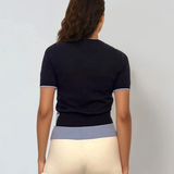 Pulover cu mânecă scurtă și bordură contrast bleumarin