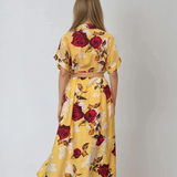 Rochie lunga cu centura in talie print floral galben