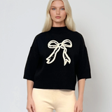 Pulover tricotat cu fundă ?i mânecă 3/4 negru