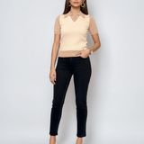 Pulover cu mânecă scurtă, guler cămașă și nasturi crem