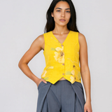 Vestă scurtă din in cu print floral galben