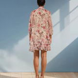 Rochie baby doll cu guler cămașă, volane și print floral roz