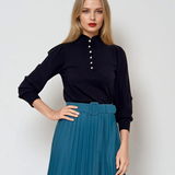 Pulover cu mâneci bufante si guler încretit bleumarin