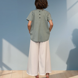 Bluză din bumbac cu mânecă scurtă și nasturi decorativi aqua