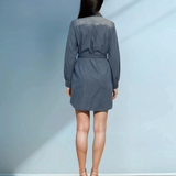 Rochie jeans stil cămașă cu cordon și mânecă lungă albastru-jeans