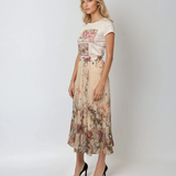 Fustă lungă din voal plisat cu print floral alb