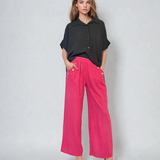 Pantaloni lungi din in cu nasturi decorativi pe buzunare ciclam
