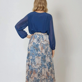 Fustă lungă plisată cu curea și print floral bleu