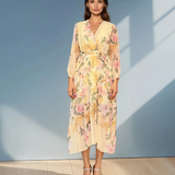 Rochie din voal cu print floral și decolteu parte peste parte galben