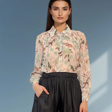 Bluză plisată cu print floral și mânecă lungă verde