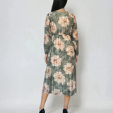 Rochie lungă cu print floral, mânecă lungă, elastic talie, decolteu în V kaki