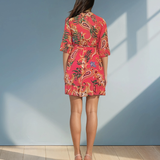 Rochie din voal cu imprimeu și cordon în talie ciclam