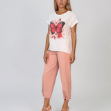 Tricou din in și bumbac cu print alb-ciclam