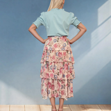 Fustă lungă cu volane și print floral crem