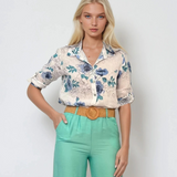 Cămașă din in cu print floral turcoaz