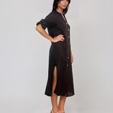 Rochie din in cu nasturi și buzunare negru