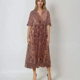 Rochie lungă vaporoasă din voal cu print floral beige