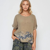 Bluză din in cu print floral crem