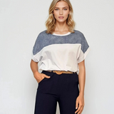 Tricou cu inserție din blugi alb