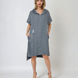 Rochie lungă în spate cu glugă și buzunare albastru jeans