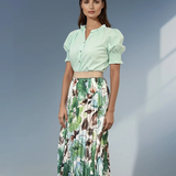 Fustă lungă plisată din satin cu print verde