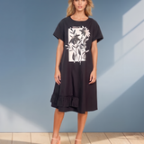 Rochie print florală cu strasuri și volan jos negru