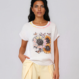 Tricou din in și bumbac cu print alb-portocaliu