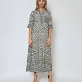 Rochie lungă din bumbac cu print geometric și mânecă 3/4 gri