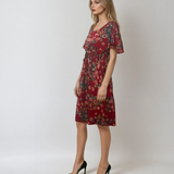Rochie midi cu print floral și șnur în talie roșu