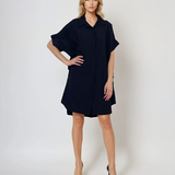 Rochie stil cămașă din in cu dungi bleumarin