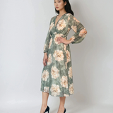 Rochie lungă cu print floral, mânecă lungă, elastic talie, decolteu în V kaki