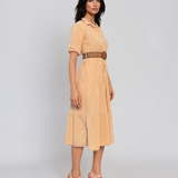 Rochie lungă cu buline mici și curea beige
