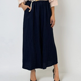 Fustă pantalon largă din in cu dungi bleumarin
