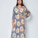 Rochie lungă cu print floral, mânecă lungă, elastic talie, decolteu în V albastru jeans