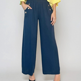 Pantaloni lungi din in cu nasturi decorativi pe buzunare bleumarin