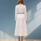 Rochie lungă cu bust din bumbac și curea în talie alb